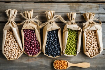 Top view of five rustic paper bag full of various types of legumes like chickpeas, kidney beans, black beans, lentils and mung beans on rustic wooden table. - Powered by Adobe