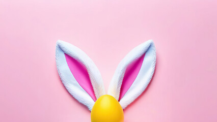 Springtime Festivity: Vibrant Yellow Easter Egg and Rabbit Ears on a Pink Backdrop