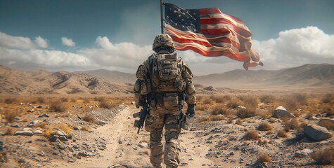 Warrior Walking with Flag A Tribute to Veterans Generative AI - obrazy, fototapety, plakaty