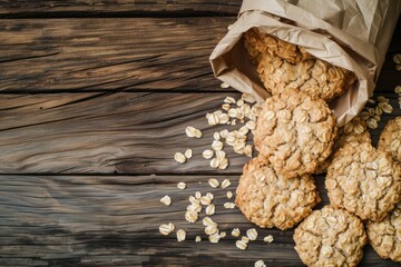 Fototapeta premium Top view of homemade oatmeal cookies and a rustic paper bag filled with oat flakes on rustic wooden table. 