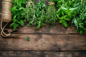 Top view of various kinds of aromatic herbs like thyme, mint, basil, coriander, rosemary, chive, dried bay leaves and parsley on dark brown rustic wooden table. 