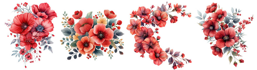 Elegant watercolor illustration of red poppy flowers with leaves and berries, , illustration PNG element cut out transparent isolated on white background ,PNG file.