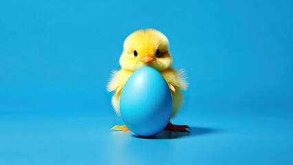 Blue Easter Bliss: Vibrant Egg and Yellow Chick on a Azure Background