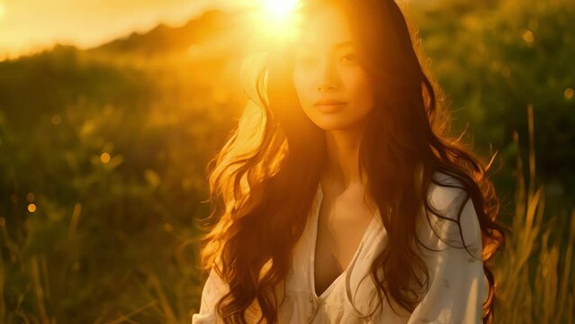 A slender Asian woman sits crosslegged on a grassy knoll a soft smile gracing her lips. She looks out in the direction of the setting sun her long dark hair cascading in waves down