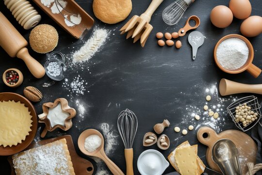 Top View Of Various Pastry Utensils Such As A Rolling Pin, Measure Cups, Hand Whisk And Serving Scoop, And Baking Mold 