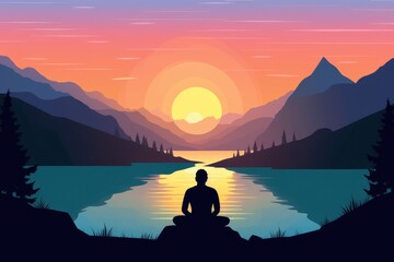 Serene Meditation at Sunset: Silhouette Against Tranquil Mountain Lake Generative AI
