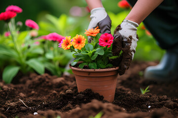 Gardeners hand planting flowers in pot.