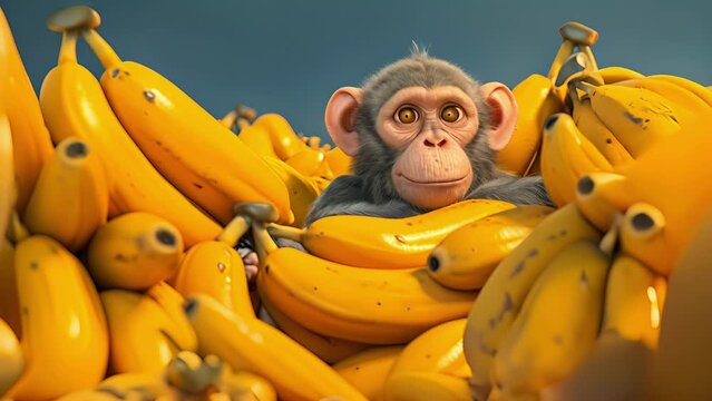 A clever monkey has disguised themselves as a banana blending in perfectly with the pile as they plan their next move.