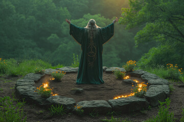 Embracing the Renewal of Spring: Druid's Sacred Equinox Ritual in a Serene Forest Glade
