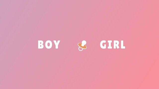 Motion graphics simple animation of a baby gender reveal party where the pacifier turns towards the inscription boy or girl on the background of a pink-blue gradient