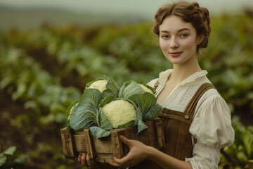 Portrait of a dedicated young woman holding a crate full of fresh cabbage in her hands on the farm