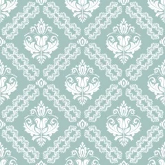 Fotobehang Seamless vector pattern. Modern geometric ornament with royal lilies. Classic light blue white background © Fine Art Studio