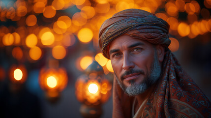 Fototapeta premium Ramadan evening portrait with muslim man in traditional attire during the holy month and lanterns illuminating background