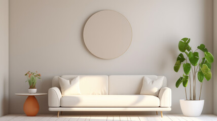 Fototapeta na wymiar Interior of light living room with comfortable sofa, houseplants and mirror near light wall
