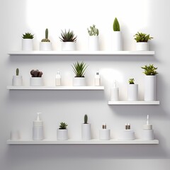 Fototapeta na wymiar Modern Minimalist Shelves with Plants and Cosmetics