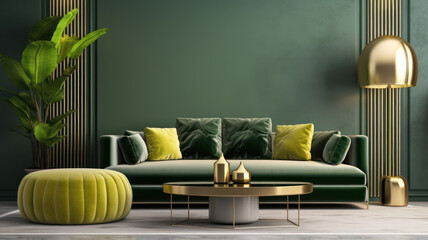 Luxury living room house  modern interior design, green velvet sofa, coffee table, pouf, gold decoration, plant, lamp, carpet, mock up poster frame elegant accessories. Template