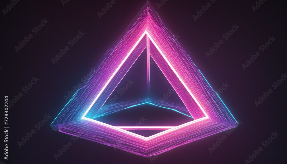 Poster 3d render, abstract geometric background of neon linear triangle inside the illuminated colorful clo