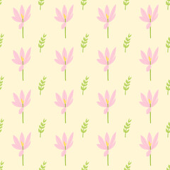 A seamless pattern of crocus and tree branches and leaves in a spring minimal shape floral concept, Vector
