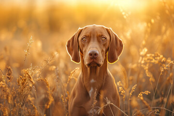 dog standing in a field of tall grass during golden hour, with warm sunlight