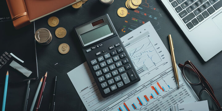 accounting work space with calculator, profit and tables on dark desk top view mock-up
