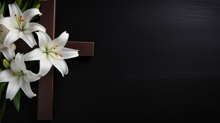 Christianity wooden cross with white lilies
