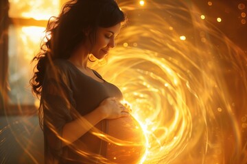 Miracle of birth concept with woman holding her glowing pregnant belly