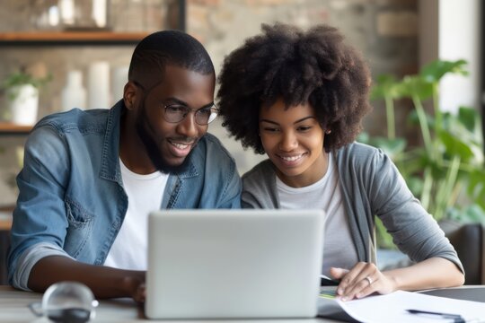African American Couple Working on Laptop stock photo 