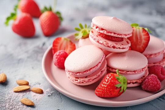 Almond and Strawberry Macaron cookies sweet pastry with berries stock photo