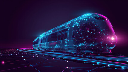 Digital low poly wireframe  futuristic high-speed train. Future logistics modern technology, transport concept Abstract 3d blue purple  connected dots  color mesh