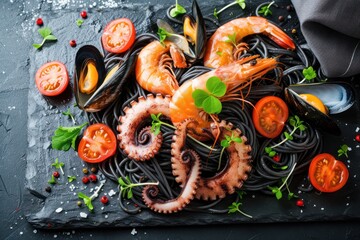 Black seafood pasta with shrimp, octopus and mussels on black background. Mediterranean gourmet food. 