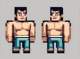Identical Pixel Art Shirtless Men with Green Trousers Looking at Each Other Isolated on Grey
