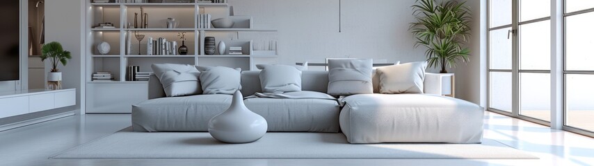 Luxury living room grey sofa pillows with vase decoration and Cabinet bookcase display near houseplants and sunlight. Spacious room Modern Scandinavian living room