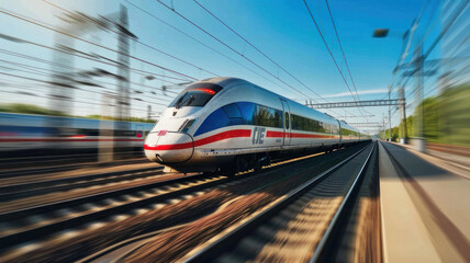High speed train motion  railway station sunset. Fast moving modern passenger train railway platform Railroad motion blur effect - obrazy, fototapety, plakaty