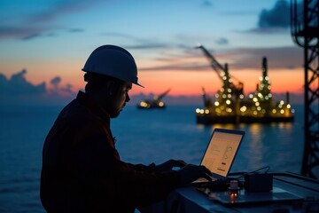 Obraz premium Dedicated successful engineer working in the oil and gas industry until late hours with his laptop. 