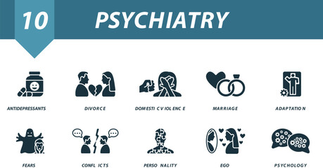 Psychiatry icons set. Creative icons: antidepressants, divorce, domestic violence, marriage, adaptation, fears, conflicts, personality, ego, psychology.