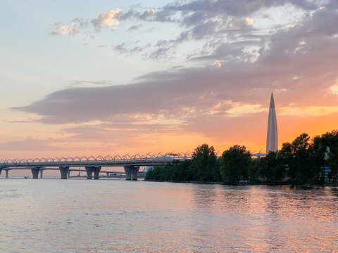 Evening view of the ZSD road bridge and the Lakhta Center building in Saint-Petersburg