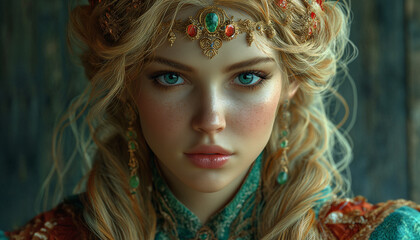 Royal Elegance: Princess's Portrait with Blonde Curly Hair, Diamond-Adorned Golden Headpiece, Earrings, and Exquisite Mantle, Set Against Turquoise and Gold Tones