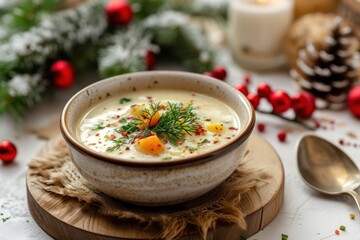 Delicious fresh soup prepared for the Christmas table. Preparation of the festive table 