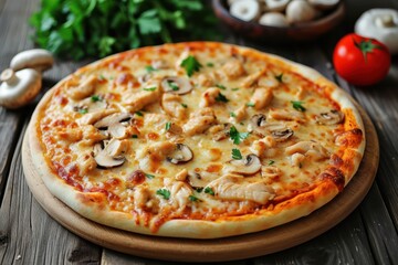 Delicious fresh street pizza with chicken, mushrooms and cheese. Street food, fast food 