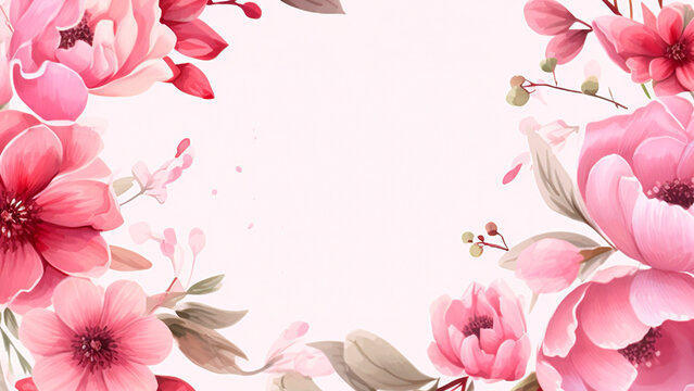Watercolor floral background with pink flowers and leaves