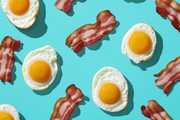 Eggs and Bacon Pop Art on a Bright Light Blue Background 