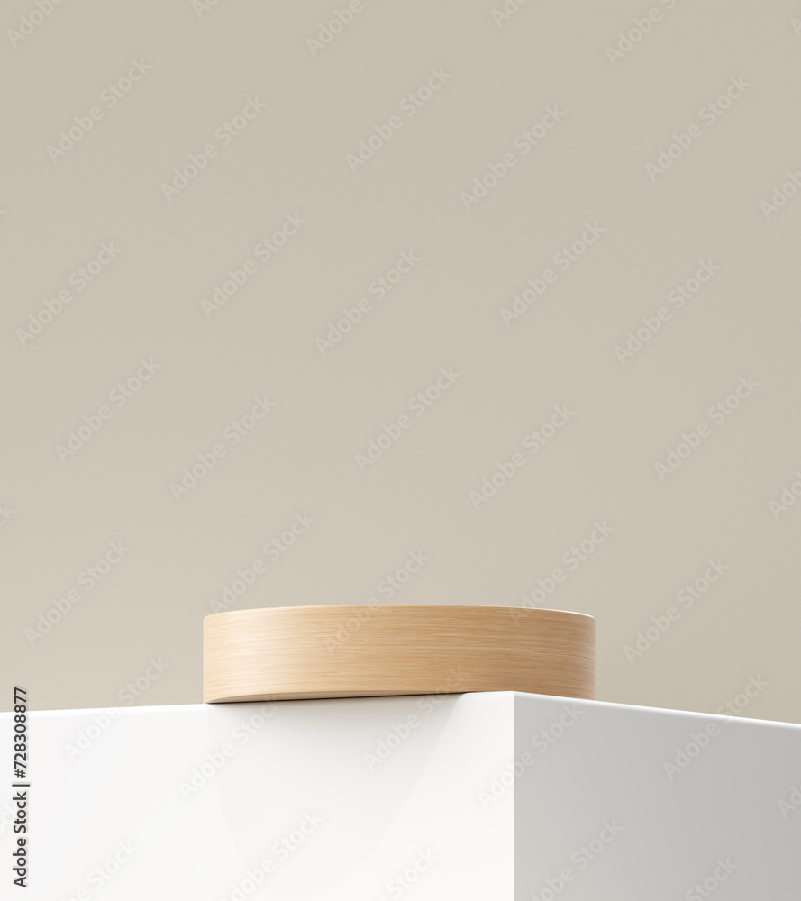 Poster White modern wood podium 3d background with empty product display stage minimal showcase platform mockup stand or luxury cosmetic advertising banner natural wooden shelf backdrop presentation studio.