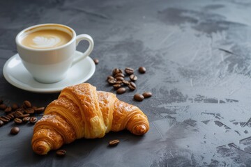 Fresh crisp delicious French croissant with a cup of fragrant coffee on a dark concrete background. Invigorating breakfast 