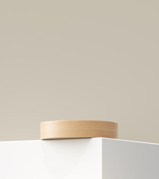 White modern wood podium 3d background with empty product display stage minimal showcase platform mockup stand or luxury cosmetic advertising banner natural wooden shelf backdrop presentation studio.