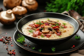 Fresh delicious hot puree soup with mushrooms and bacon in a black plate on a dark background 