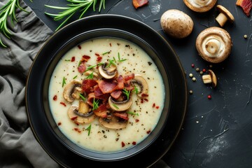 Fresh delicious hot puree soup with mushrooms and bacon in a black plate on a dark background 