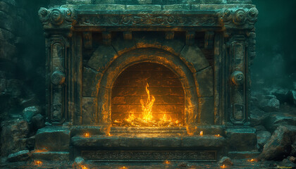 Turquoise Room with Ancient Stone Fireplace and Orange Fire