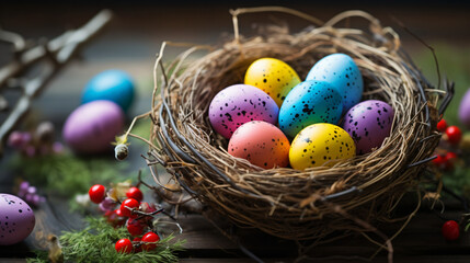 Fototapeta na wymiar Colorful happy easter eggs in a nest