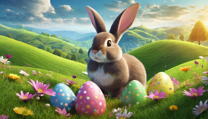 cute easter bunny rabbit and egg in hill with green fields and colorful flower on a bright day