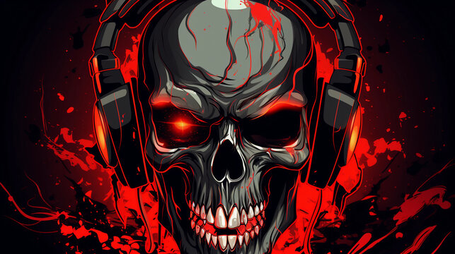 Skull with Headphones with red eyes in headphones listening to music. Halloween party flyer 